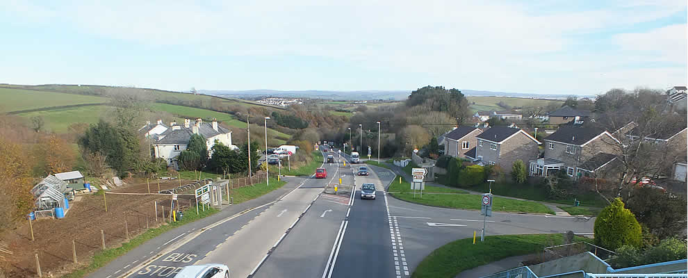 A38 trunk road running through the village of Landrake