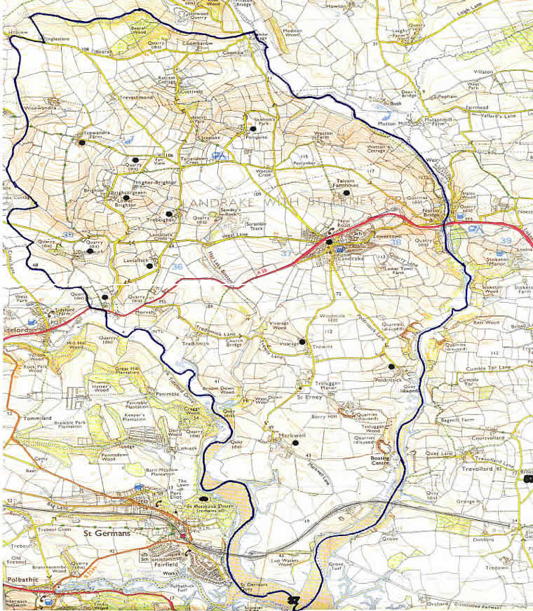 Map showing the Prior Farms in Landrake with St Erney Parish (file size 165KB)